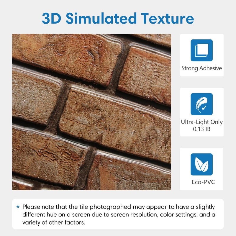 COMSTICKC 3D Reddish Brown Brick Wall Panels Peel and Stick Tiles,10 Pcs of 12"X12",Small Size Thin PVC Fake Brick Self Adhesive Wall Covering Backsplash Interior Decor - Image 3